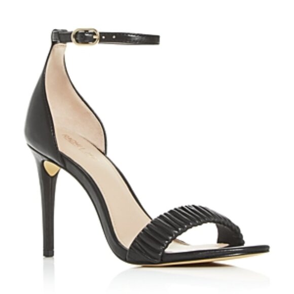 RACHEL ZOE Black Ruched Esme Stiletto Leather Heeled Sandals Size 8 - Picture 1 of 16